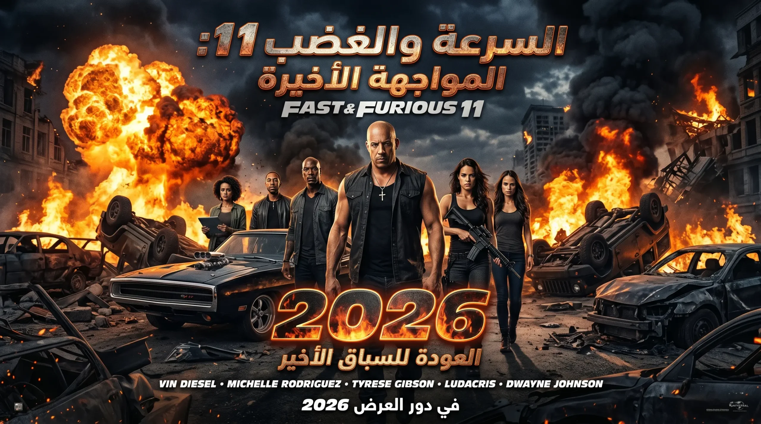 بوستر فيلم Fast & Furious 11 المنتظر سنة 2026، يضم فين ديزل ومشاهد أكشن وانفجارات في الشارع
