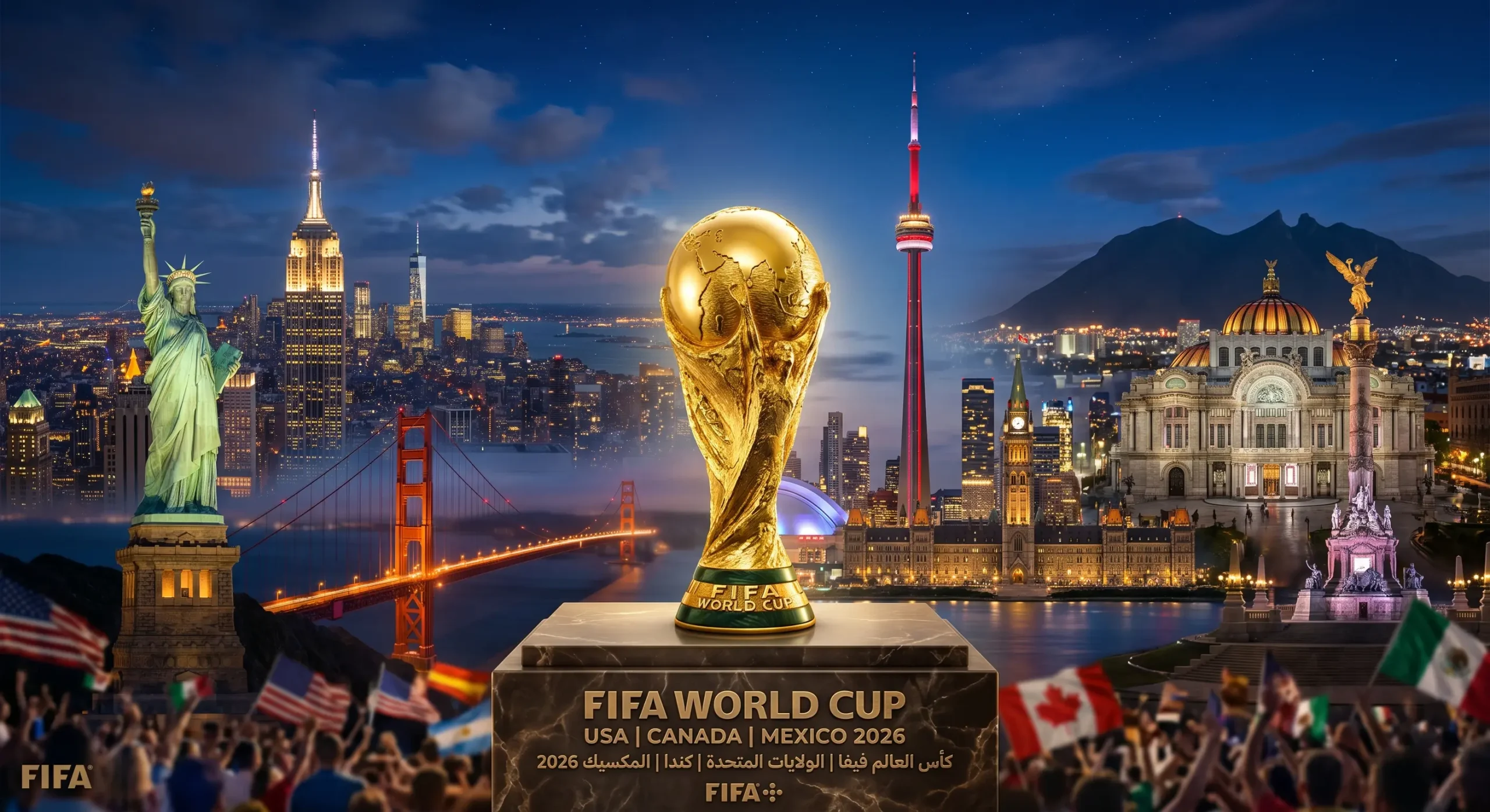 كأس العالم فيفا 2026 مع أبرز معالم الولايات المتحدة، كندا، والمكسيك وجماهير كرة القدم